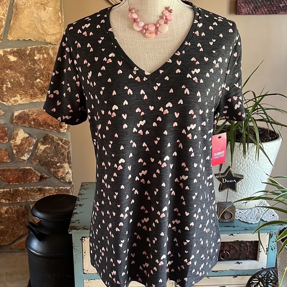 Women’s Black Short Sleeve V-Neck Tee with Pink Heart Print